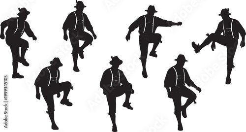Black Solid Bavarian Schuhplattler Silhouettes Set of Six on White Background