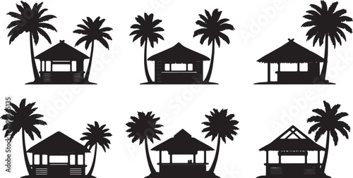 Black Solid Beach Bar Palm Hut Silhouettes Set of Six on White Background