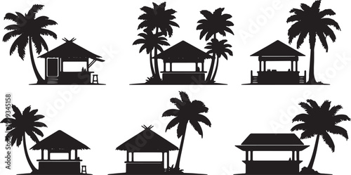 Black Solid Beach Bar Palm Hut Silhouettes Set of Six on White Background