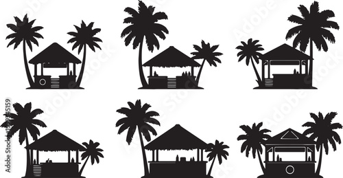 Black Solid Beach Bar Palm Hut Silhouettes Set of Six on White Background