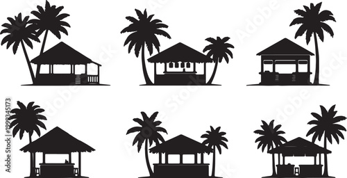 Black Solid Beach Bar Palm Hut Silhouettes Set of Six on White Background