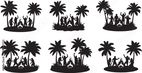 Black Solid Beach Fire Dance Palm Silhouettes Set of Six on White Background
