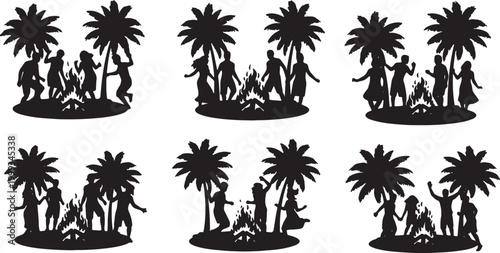 Black Solid Beach Fire Dance Palm Silhouettes Set of Six on White Background