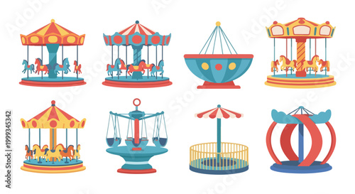 Collection of colorful carousel and fairground rides for amusement parks and carnivals
