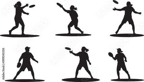 Black Solid Beach Frisbee Palm Silhouettes Set of Six on White Background