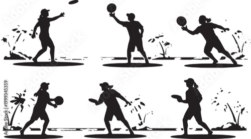 Black Solid Beach Frisbee Palm Silhouettes Set of Six on White Background