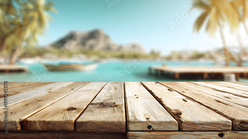 Weathered wooden platform providing a natural display space, with a beautifully blurred tropical beach, crystal-clear ocean, and lush island vista in the serene background