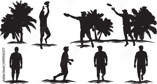 Black Solid Beach Frisbee Palm Silhouettes Set of Six on White Background