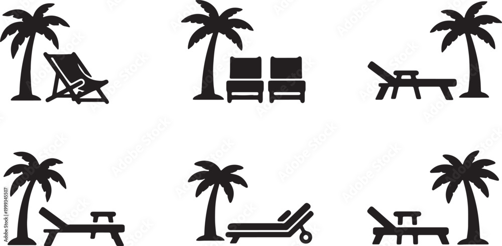 Fototapeta premium Black Solid Beach Lounge Palm Scene Silhouettes Set of Six on White Background