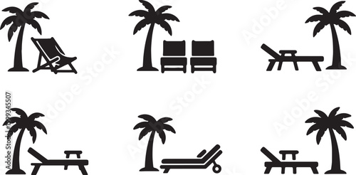 Black Solid Beach Lounge Palm Scene Silhouettes Set of Six on White Background