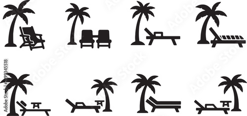 Black Solid Beach Lounge Palm Scene Silhouettes Set of Six on White Background