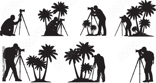 Black Solid Beach Photographer Palm Silhouettes Set of Six on White Background