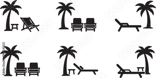 Black Solid Beach Lounge Palm Scene Silhouettes Set of Six on White Background