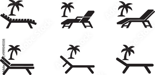 Black Solid Beach Lounge Palm Scene Silhouettes Set of Six on White Background