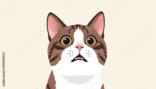 Vector cute cartoon cat with wide eyes looking surprised or curious, expressive feline character illustration with brown tabby markings and white fur