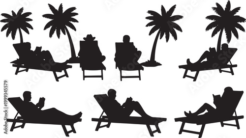 Black Solid Beach Reading Palm Silhouettes Set of Six on White Background