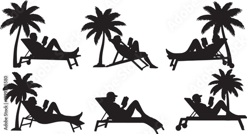 Black Solid Beach Reading Palm Silhouettes Set of Six on White Background