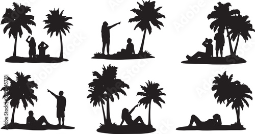 Black Solid Beach Stargazing Palm Silhouettes Set of Six on White Background