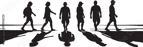 Black Solid Beach Walker Silhouettes Set of Six on White Backgro