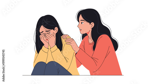 Vector a supportive friend comforting a sad young woman who is crying and covering her face with her hands, expressing empathy and emotional support