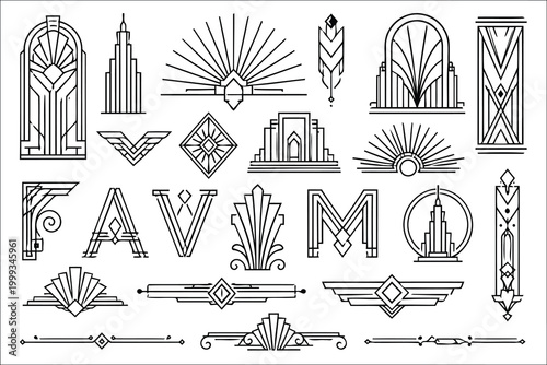 Art Deco style alphabet letters and decorative elements set Vector