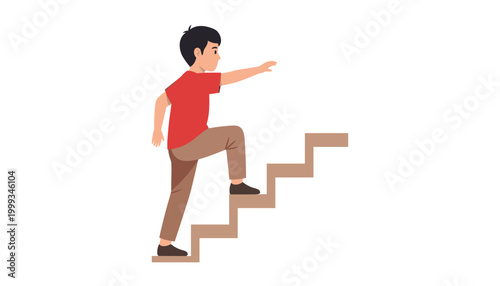 Vector young boy climbing up the stairs, reaching towards the future, concept of growth, success, development, and progress, vector illustration