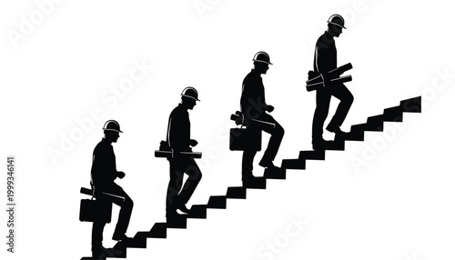 Vector silhouette of construction workers or engineers climbing stairs