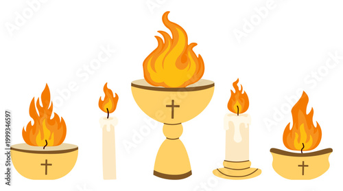 Set of burning candles and chalices with Christian crosses, perfect for First Communion invitations, Easter vigil posters, church bulletins and religious ceremony designs
