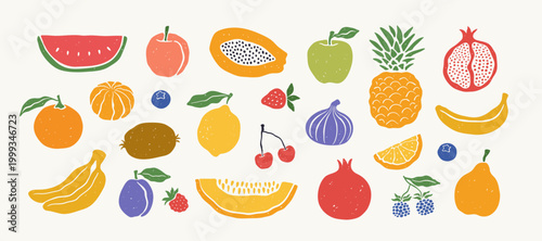 Hand drawn abstract set of fruits. Apple, watermelon, pomegranate, papaya, banana, melon, pear, lemon, orange, strawberry, blueberry, blackberry, raspberry, plum, pineapple, peach, fig.