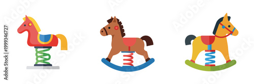 Collection of three colorful rocking horses on springs for children's play, showcasing classic toy designs