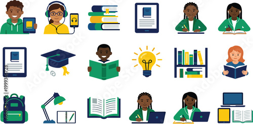 Diverse students educational vector set featuring online learning tools books and graduation icons for school.