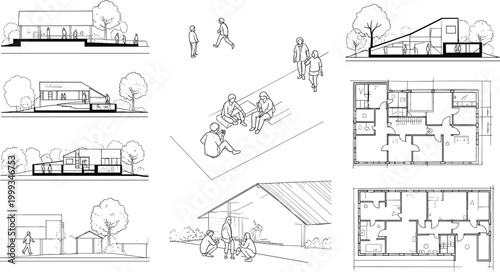 Architectural Design and Floor Plan Set with People in Outdoor and Indoor Spaces in Line Art Style for Residential and Public Space Design