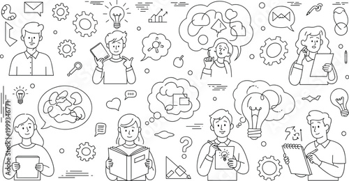 Creative Thinking and Brainstorming Illustration Set Featuring People with Lightbulbs, Ideas, and Problem Solving in Line Art Style