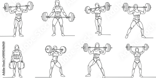 Weightlifting Exercise Illustration Set Featuring Strongman Lifting Barbell in Various Poses for Fitness and Sports Design