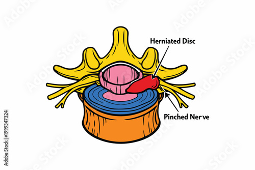 Herniated disc pressing on a pinched spinal nerve illustration Vector