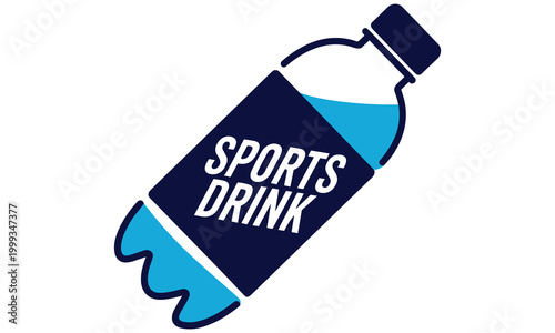 Blue sports drink bottle icon with bold text label for athletic performance and active lifestyle branding in flat vector illustration style