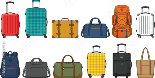 Flat vector illustration of various travel bags and luggage including suitcases, backpacks, duffel bags, and totes for vacation planning.