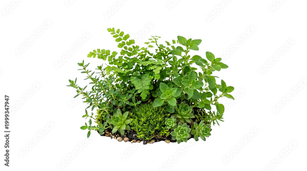 Fototapeta premium Fresh green herbal and botanical arrangement with fern succulents and moss isolated