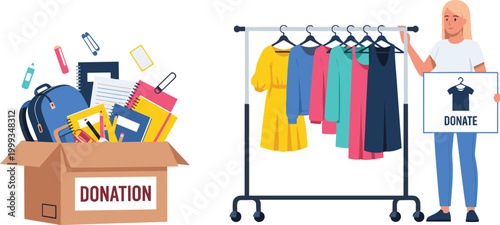 Flat Vector Illustration of Charity Donation Concept with Clothing Rack, School Supplies Box, and Volunteer Woman for Social Good Design