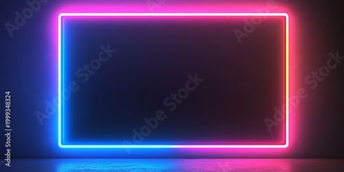 Empty pink neon light frame on a dark concrete wall background.