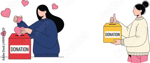 Flat Vector Illustration of Women Making Heart Donation to Charity Box Symbolizing Generosity, Kindness, and Humanitarian Support Concept