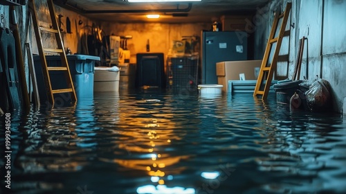Flooded basement storage room with ladders, plastic bins, cardboard boxes and garbage bags, reflective water under warm moody light, tense and ominous atmosphere