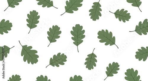 Scattered green oak leaves pattern on white background, simple nature design