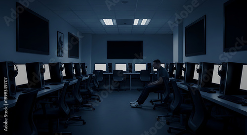 Dark computer lab with one person sitting and looking at a blank screen