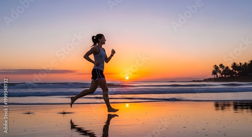 Silhouette of a woman running on a wet beach at sunset with vibrant colors in the sky and ocean reflections