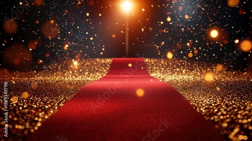 Red carpet pathway under a glowing spotlight with golden glitter and sparkling bokeh conveying glamour and anticipation