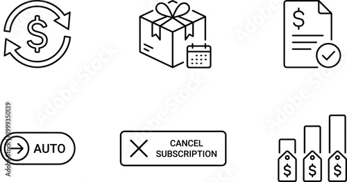 Minimalist black line icon set for subscription services recurring payment billing invoice auto renewal toggle cancel button and pricing tiers illustration