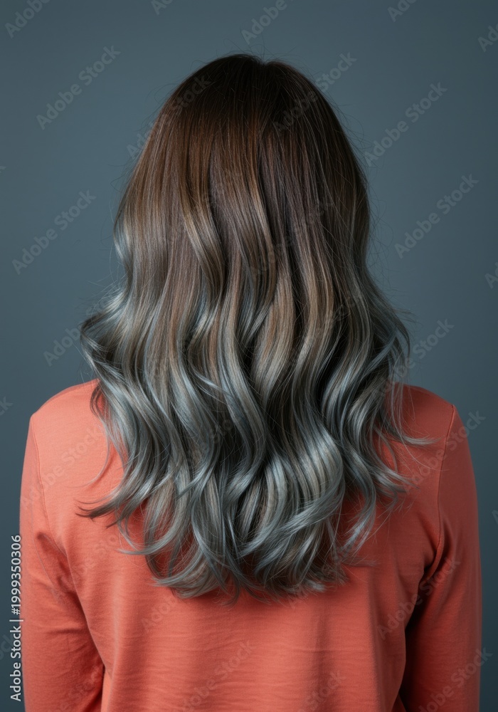 Naklejka premium Long wavy brunette hair with muted grey blue tones seen from behind for hair salon marketing, beauty editorial layouts and professional hair dye product advertising