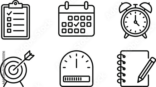 Time management icon set featuring checklist, calendar, alarm clock, target, progress timer, and notebook for productivity, planning, and goal setting.