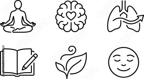 Set of minimalist line icons for mental health, wellness, meditation, breathing exercises, emotional intelligence, journaling, nature therapy, and mindful relaxation.